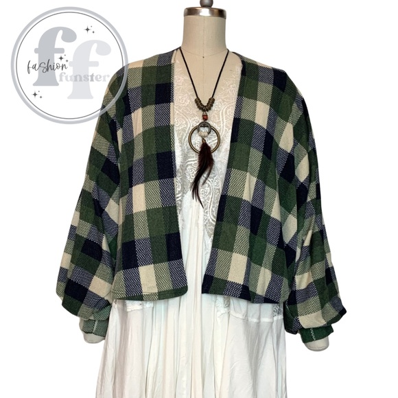 Ces Femme Olive Green Plaid Dolman Sleeve Cocoon Jacket Kimono Cardigan - Picture 4 of 6